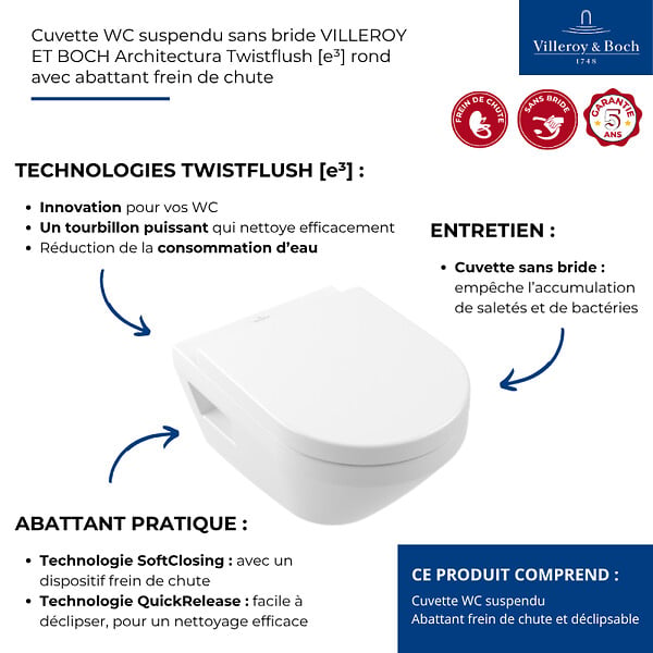 VILLEROY & BOCH - Combipack WC, modèle suspendu - Architectura - Blanc- réf : 5684CL01 - VILLEROY ET BOCH - large