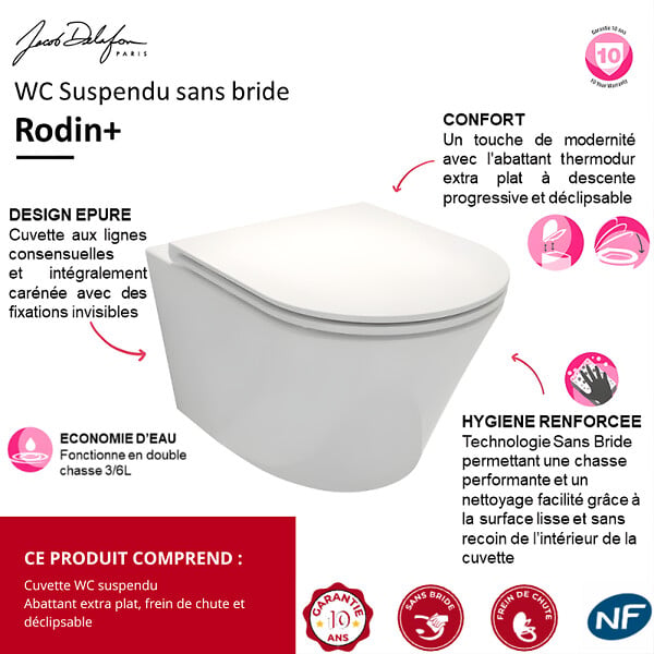 JACOB DELAFON - Cuvette WC suspendu sans bride Rodin+ avec abattant - large