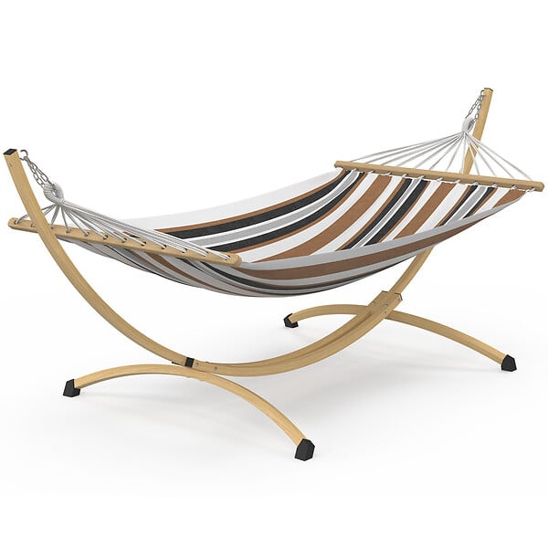 ID MARKET - Hamac XL avec support métal effet bois et toile rayée noire, blanche et chocolat - large