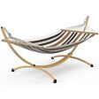 ID MARKET - Hamac XL avec support métal effet bois et toile rayée noire, blanche et chocolat - vignette