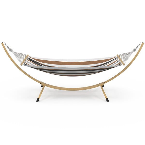 ID MARKET - Hamac XL avec support métal effet bois et toile rayée noire, blanche et chocolat - large