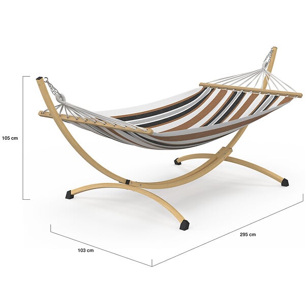 ID MARKET - Hamac XL avec support métal effet bois et toile rayée noire, blanche et chocolat - large