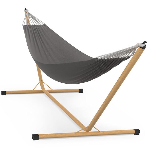 ID MARKET - Hamac avec support métal effet bois et toile gris anthracite - large