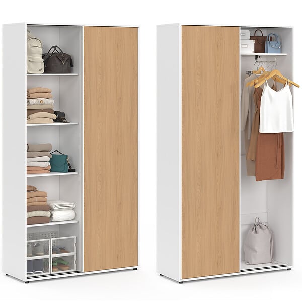 ID MARKET - Armoire 2 portes coulissantes SLIDEA blanc et bois 100 cm penderie avec étagères rangement maxi capacité - large
