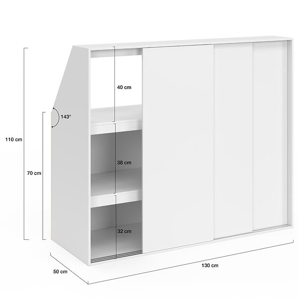 ID MARKET - Armoire sous pente 3 portes coulissantes 3 niveaux TOMI 130 x 50 x 70/110 cm blanc - large