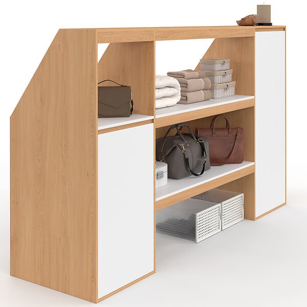ID MARKET - Ensemble étagère 2 niveaux, armoire 1 porte et armoire 1 porte + 1 niche sous pente TOMI hêtre et blanc - large