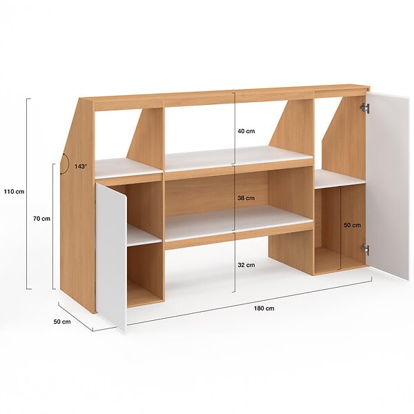 ID MARKET - Ensemble étagère 2 niveaux, armoire 1 porte et armoire 1 porte + 1 niche sous pente TOMI hêtre et blanc - large