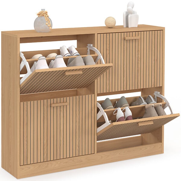 ID MARKET - Meuble à chaussures 20 paires JULIETTE 4 portes lattes tasseau bois coloris chêne - large