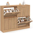 ID MARKET - Meuble à chaussures 20 paires JULIETTE 4 portes lattes tasseau bois coloris chêne - vignette