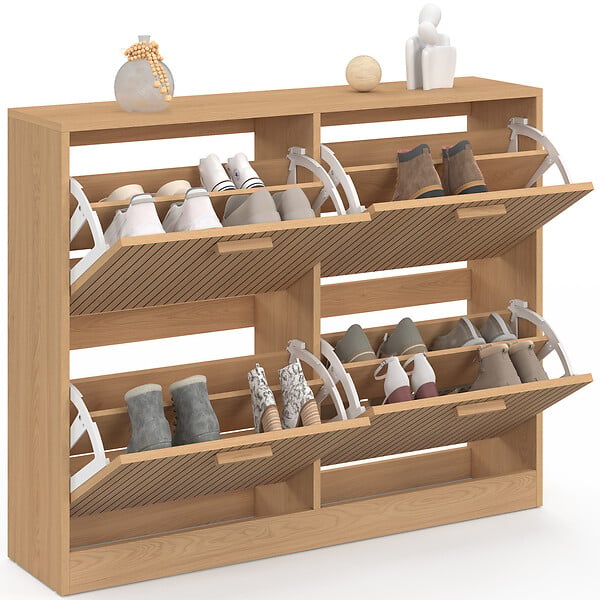 ID MARKET - Meuble à chaussures 20 paires JULIETTE 4 portes lattes tasseau bois coloris chêne - large