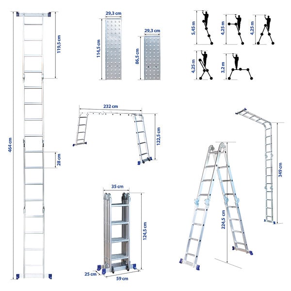 HOSTRÃ–M - Echelle pliante articulée STAVALANCE 4x4 marches, echafaudage multifonction, ecarteur de mur, escabeau, 2 plaques plateforme de travail, Hostrom - large