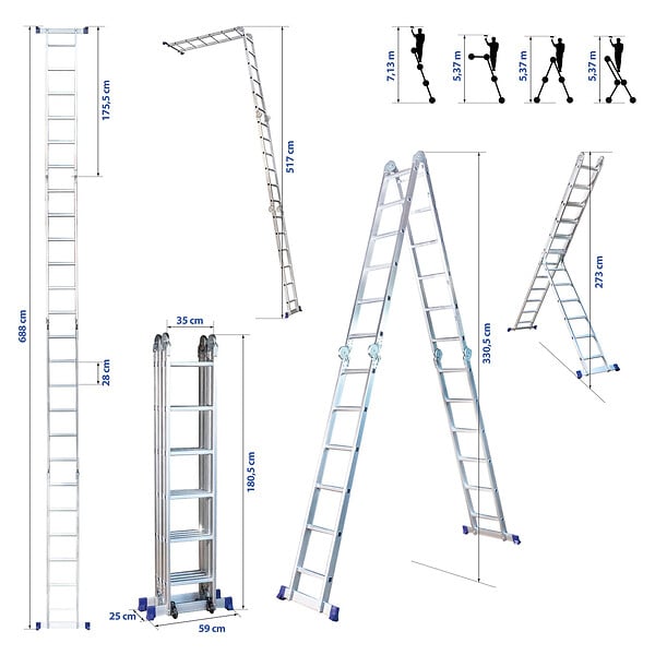 HOSTRÃ–M - Echelle pliante articulée STAVALANCE4x6, 6,8m, 24 marches, multifonction, ecarteur de mur, escabeau, aluminium, H travail max 7,13m, Hostrom - large