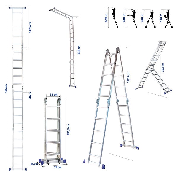 HOSTRÃ–M - Echelle pliante articulée STAVALANCE4x5, 5,7m, 20 marches, multifonction, ecarteur de mur, escabeau, aluminium, H travail max 6,29m, Hostrom - large