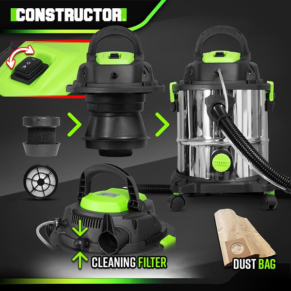 CONSTRUCTOR - Aspirateur eau et poussières / shampouineuse 1400W - 20L inox - 18 Kpa avec soufflerie - large