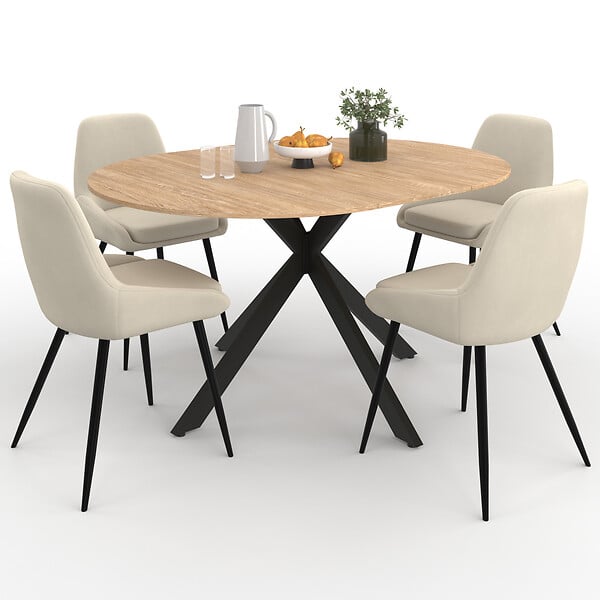ID MARKET - Ensemble table à manger extensible ronde ALIX bois et noir 110-150 cm et 4 chaises THALYA velours beige - large