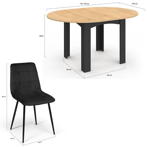 ID MARKET - Ensemble table à manger extensible ronde DONA noire plateau façon hêtre 110 - 150 cm et 6 chaises MILA velours noir - large