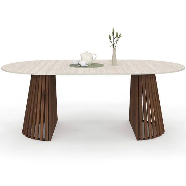ID MARKET - Table à manger extensible ronde CARMEN 4-10 personnes pied noyer en lattes et plateau effet travertin 110-200 cm - large