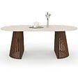 ID MARKET - Table à manger extensible ronde CARMEN 4-10 personnes pied noyer en lattes et plateau effet travertin 110-200 cm - vignette