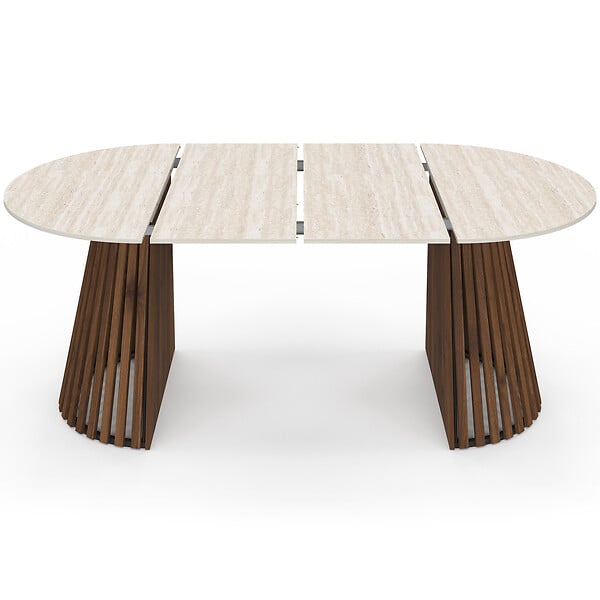 ID MARKET - Table à manger extensible ronde CARMEN 4-10 personnes pied noyer en lattes et plateau effet travertin 110-200 cm - large