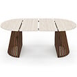 ID MARKET - Table à manger extensible ronde CARMEN 4-10 personnes pied noyer en lattes et plateau effet travertin 110-200 cm - vignette