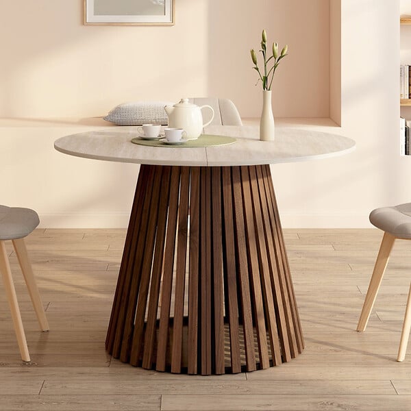 ID MARKET - Table à manger extensible ronde CARMEN 4-10 personnes pied noyer en lattes et plateau effet travertin 110-200 cm - large