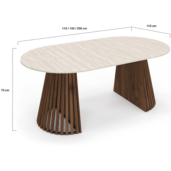 ID MARKET - Table à manger extensible ronde CARMEN 4-10 personnes pied noyer en lattes et plateau effet travertin 110-200 cm - large