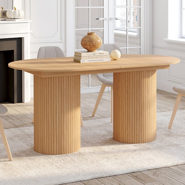 ID MARKET - Table à manger extensible ovale JULIETTE 6-10 personnes pieds cylindriques effet lattes 160-200 cm - large