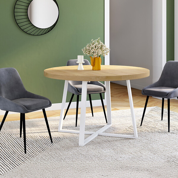 ID MARKET - Table à manger extensible ronde SELMA 4-10 personnes bois et blanc 110-200 cm - large