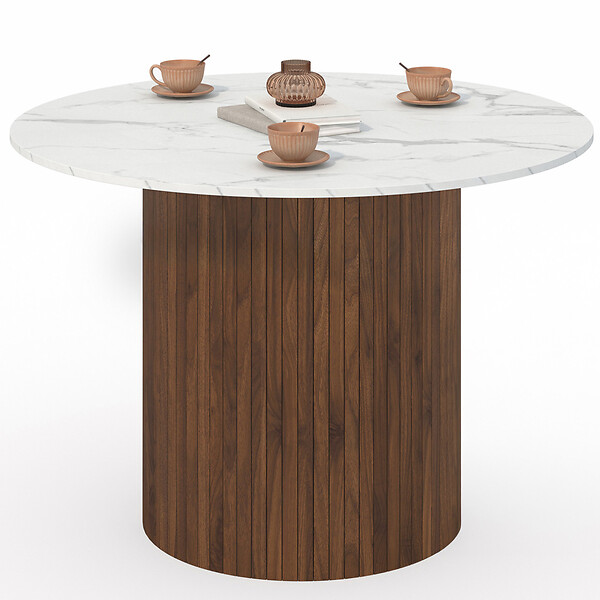 ID MARKET - Table à manger ronde JULIETTE 6 personnes pied central effet lattes noyer et plateau effet marbre blanc ALASKA 110 cm - large