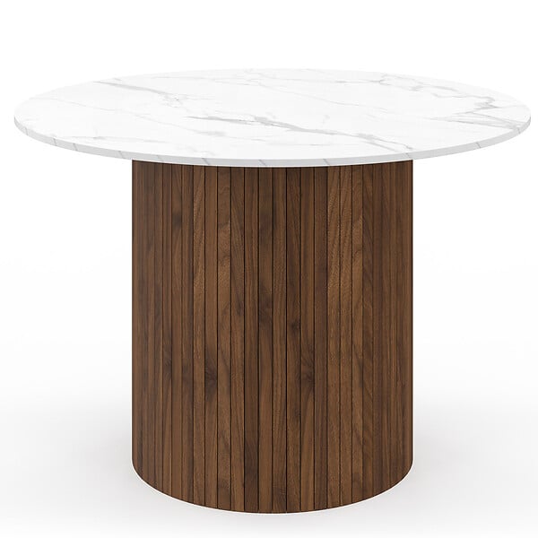ID MARKET - Table à manger ronde JULIETTE 6 personnes pied central effet lattes noyer et plateau effet marbre blanc ALASKA 110 cm - large