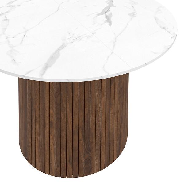 ID MARKET - Table à manger ronde JULIETTE 6 personnes pied central effet lattes noyer et plateau effet marbre blanc ALASKA 110 cm - large