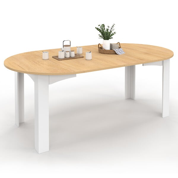 ID MARKET - Table à manger extensible ronde DONA 4-10 personnes blanche plateau façon hêtre 110-200 cm - large