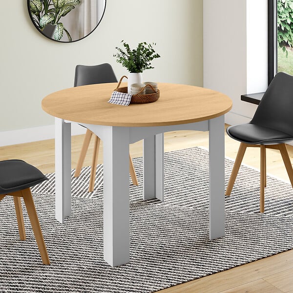 ID MARKET - Table à manger extensible ronde DONA 4-10 personnes blanche plateau façon hêtre 110-200 cm - large