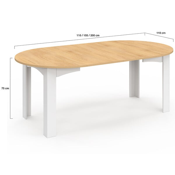 ID MARKET - Table à manger extensible ronde DONA 4-10 personnes blanche plateau façon hêtre 110-200 cm - large