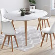ID MARKET - Ensemble table à manger extensible ronde ANGELA blanc pied bois 110 - 150 cm et 4 chaises SARA blanches - vignette