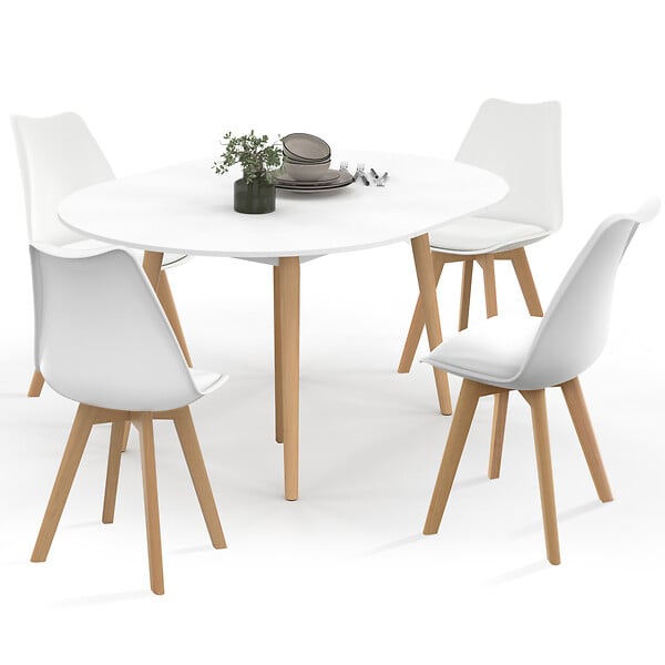 ID MARKET - Ensemble table à manger extensible ronde ANGELA blanc pied bois 110 - 150 cm et 4 chaises SARA blanches - large