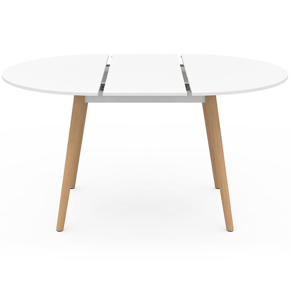 ID MARKET - Ensemble table à manger extensible ronde ANGELA blanc pied bois 110 - 150 cm et 4 chaises SARA blanches - large