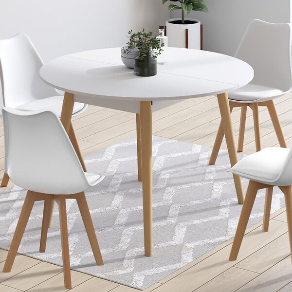ID MARKET - Ensemble table à manger extensible ronde ANGELA blanc pied bois 110 - 150 cm et 4 chaises SARA blanches - large