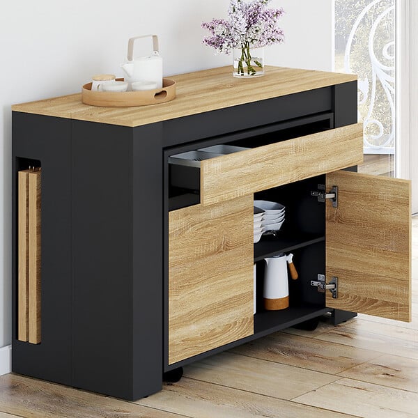 ID MARKET - Table buffet extensible ORLANDO 10 personnes 235 cm bois noir et façon hêtre - large
