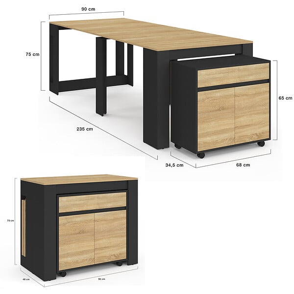 ID MARKET - Table buffet extensible ORLANDO 10 personnes 235 cm bois noir et façon hêtre - large