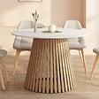 ID MARKET - Table à manger ronde CARMEN 6 personnes pied bois en lattes et plateau bois blanc 110 cm - vignette