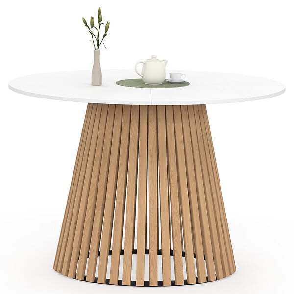 ID MARKET - Table à manger ronde CARMEN 6 personnes pied bois en lattes et plateau bois blanc 110 cm - large