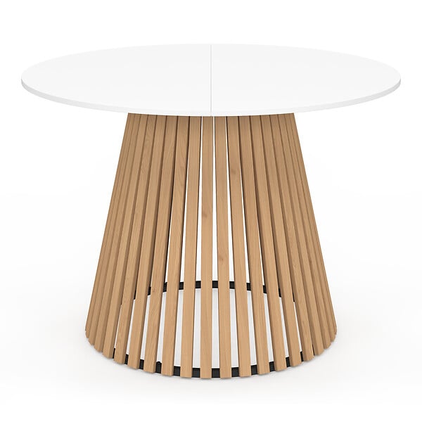 ID MARKET - Table à manger ronde CARMEN 6 personnes pied bois en lattes et plateau bois blanc 110 cm - large