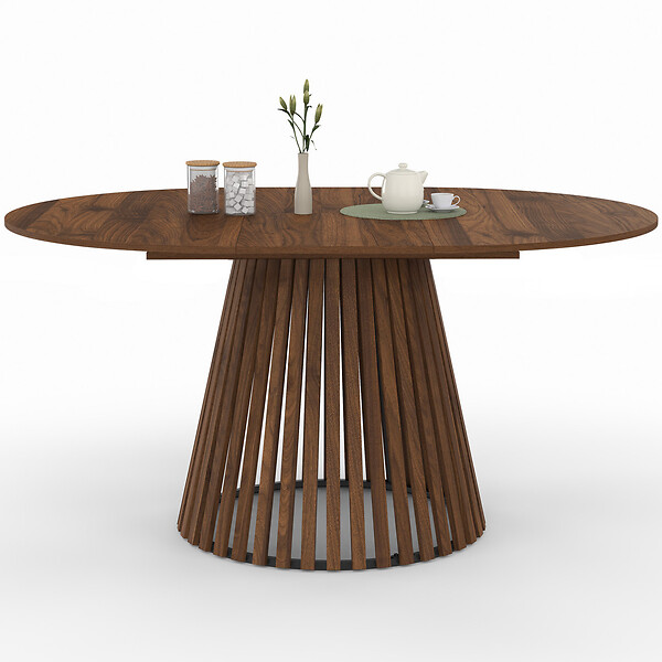 ID MARKET - Table à manger extensible ronde CARMEN 4-8 personnes pied noyer en lattes et plateau noyer 110-150 cm - large
