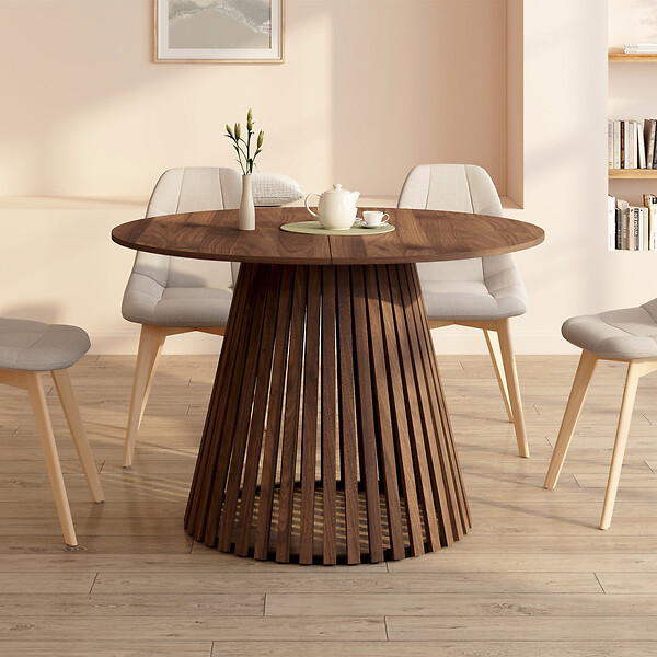 ID MARKET - Table à manger extensible ronde CARMEN 4-8 personnes pied noyer en lattes et plateau noyer 110-150 cm - large
