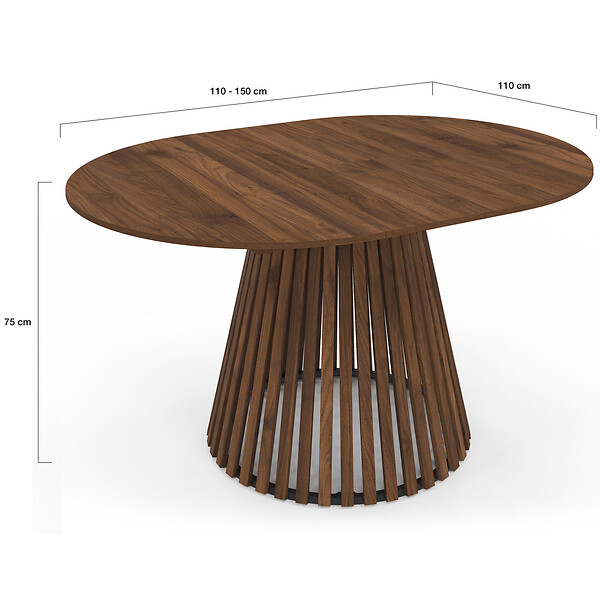 ID MARKET - Table à manger extensible ronde CARMEN 4-8 personnes pied noyer en lattes et plateau noyer 110-150 cm - large