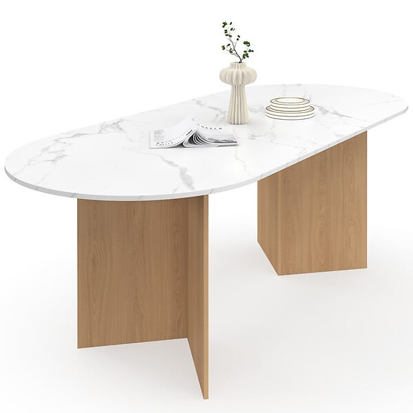 ID MARKET - Table  à manger extensible ovale MARTHE 6 -10 personnes plateau marbre blanc ALASKA et bois façon hêtre 160-200 cm - large