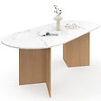 ID MARKET - Table  à manger extensible ovale MARTHE 6 -10 personnes plateau marbre blanc ALASKA et bois façon hêtre 160-200 cm - vignette