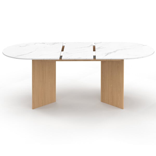 ID MARKET - Table  à manger extensible ovale MARTHE 6 -10 personnes plateau marbre blanc ALASKA et bois façon hêtre 160-200 cm - large