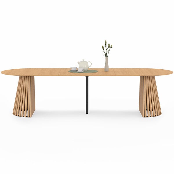 ID MARKET - Table à manger extensible ronde CARMEN 4-12  personnes pied bois en lattes et plateau bois 110-300 cm - large